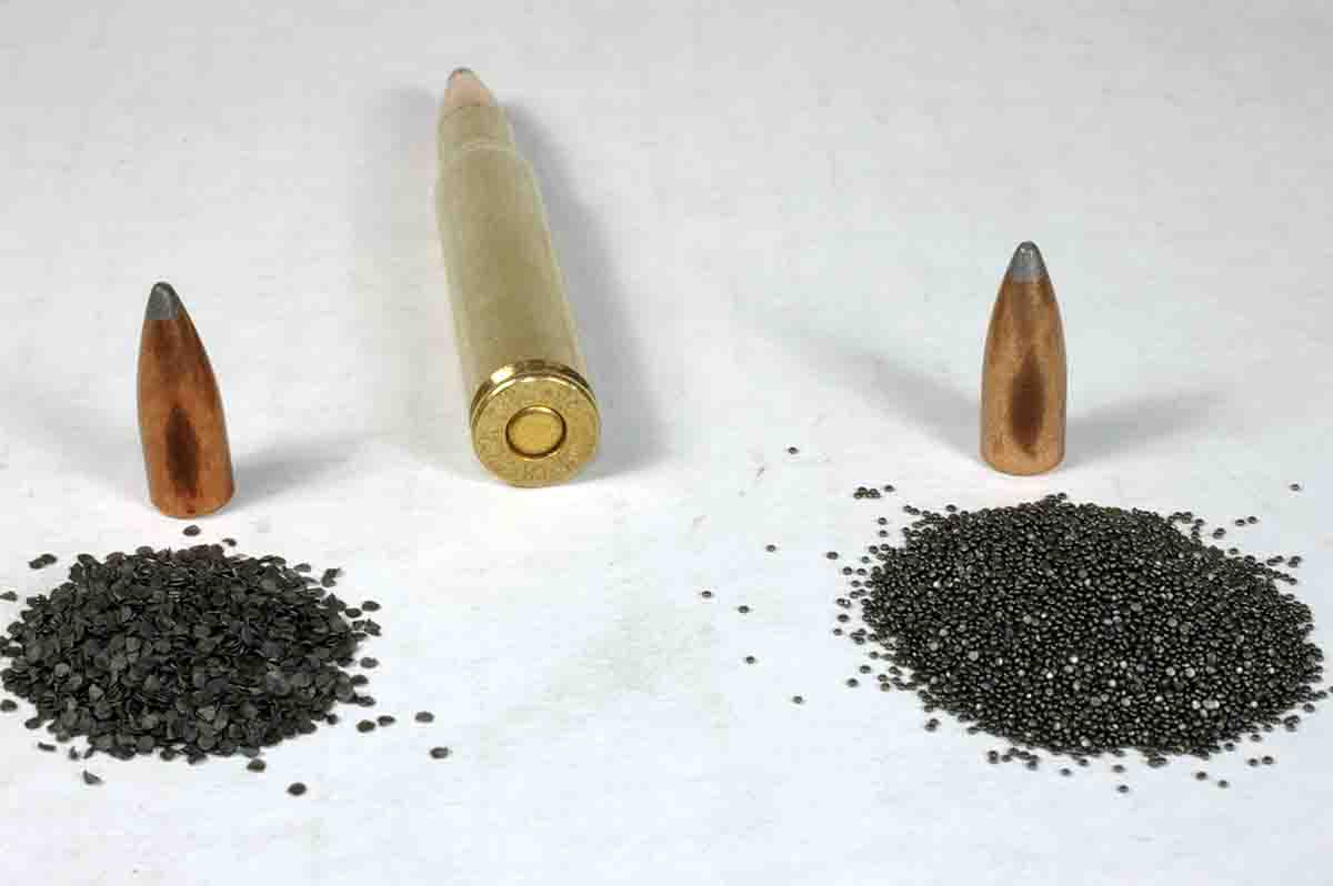 The .30-06 can be loaded with 125-grain bullets at a relatively slow velocity with a light amount of Unique propellant (left). The same bullet weight can be loaded to a much higher velocity with a heavier amount of W-748 (right).